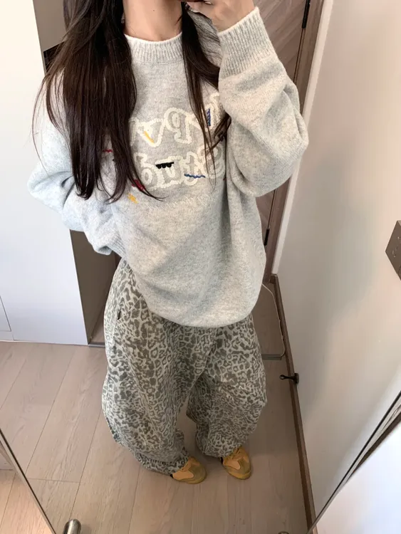 2025秋季穿搭一整套女美式复古灰色毛衣搭配休闲裤显瘦两件套装女