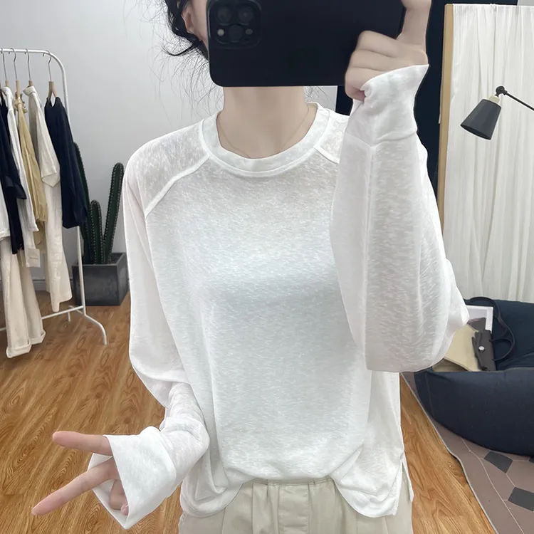 春秋精品莱赛尔插肩袖长袖T恤女打底上衣薄款内搭新款圆领体恤衫