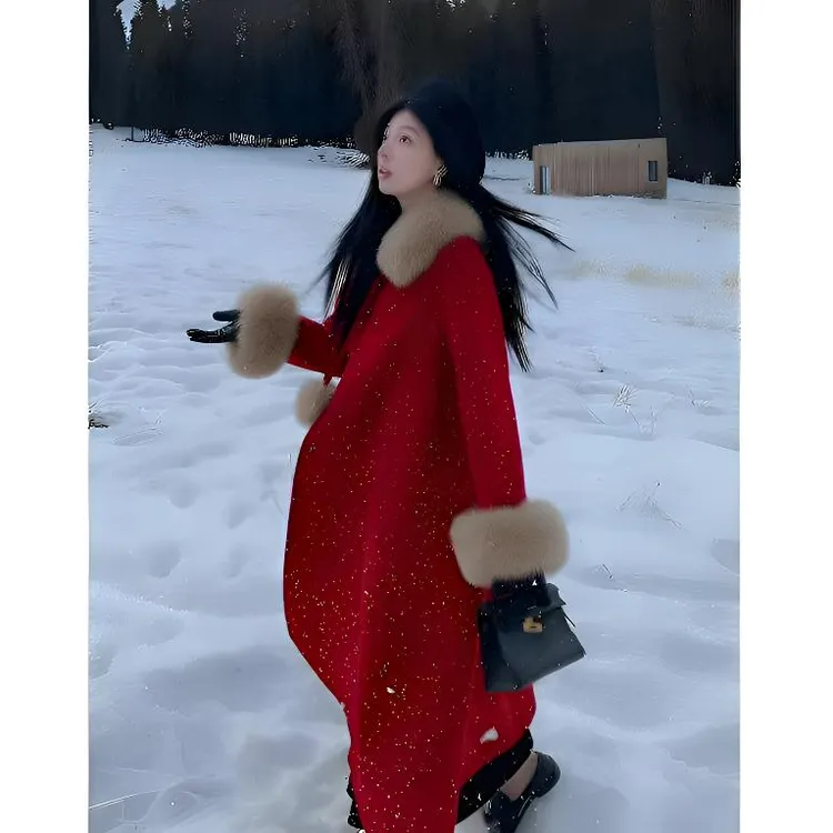 红颜知己 新年战袍红色斗篷毛呢外套冬季加厚中长款过膝呢子大衣