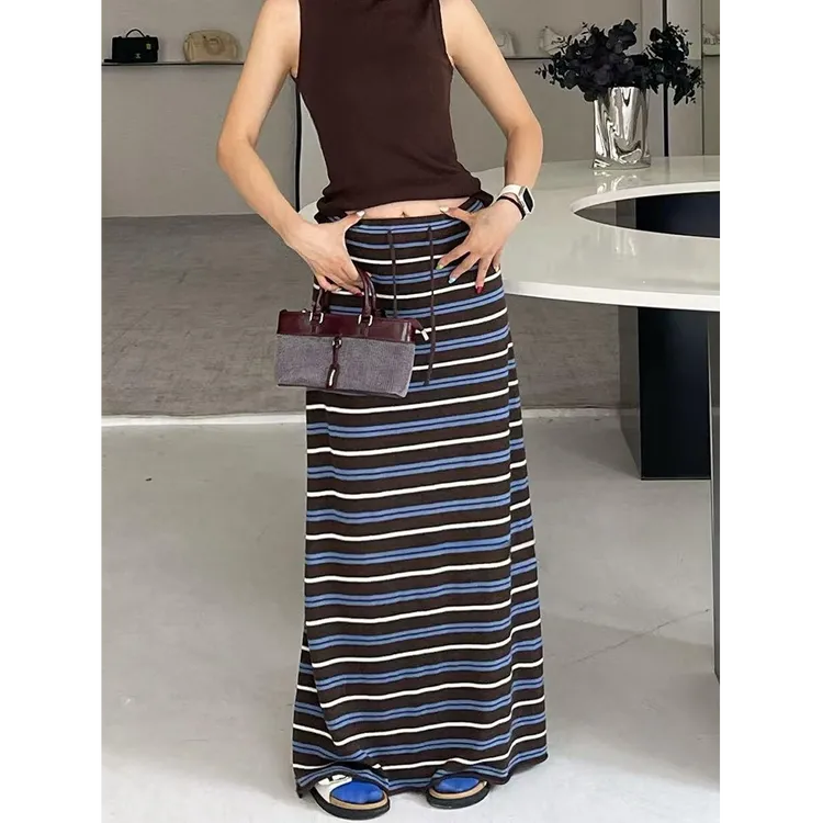 韩系小众条纹撞色抽绳针织长裙女秋季新款时尚高腰显瘦休闲半身裙