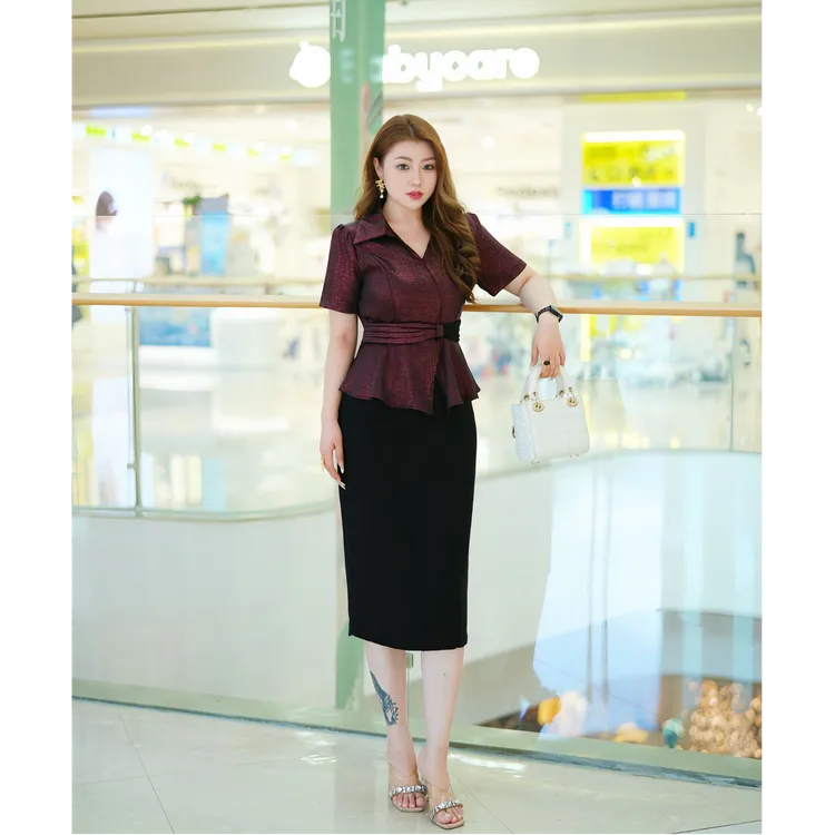 XYD71584法式轻奢假两件V领长裙精致感修身显瘦高档大码连衣裙