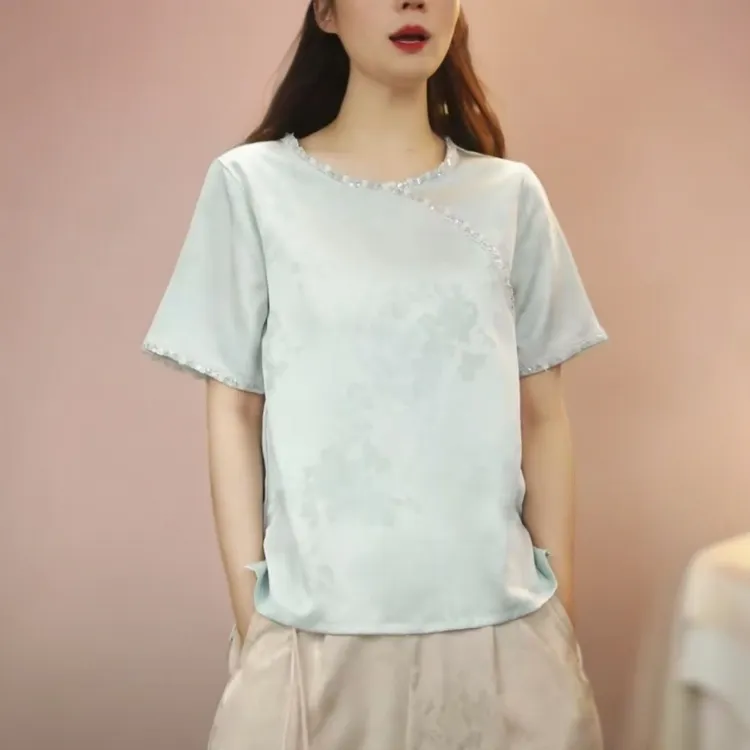 新中式蕾丝边圆领提花轻薄透气女式上衣小衫2025新设计原创正品