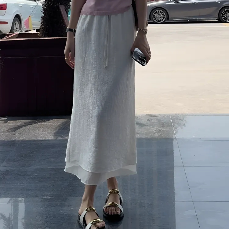 【余欢欢】夏季时尚网纱拼接松紧腰系带显瘦半身裙-YHQ50097