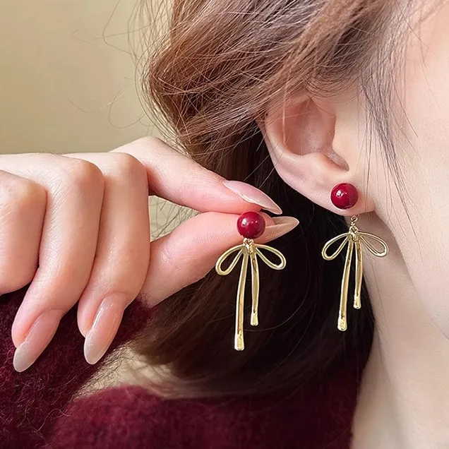 铜合金耳饰 红色珠珠蝴蝶结耳环新年过年耳饰2025新款高级感耳钉