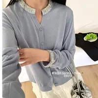 新款韩系亮片钉珠剪刀领单排扣羊毛衫宽松女开衫