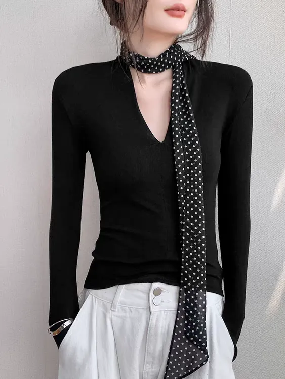 【带飘带】深V领T恤女秋季新款修身洋气百搭高级感上衣打底衫H1235