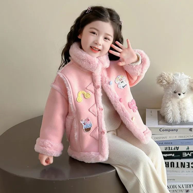 女童洋气秋冬季皮毛一体毛毛衣宝宝2025新款加绒加厚外套冬装保暖