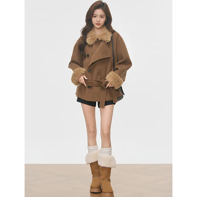 毛领毛袖加厚毛呢大衣女2025新款秋冬季小个子高级感短款外套韩系