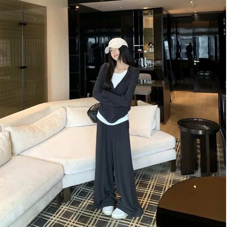 韩系慵懒chic搭配一整套装女秋季松弛感长袖上衣穿搭灰色两件套装