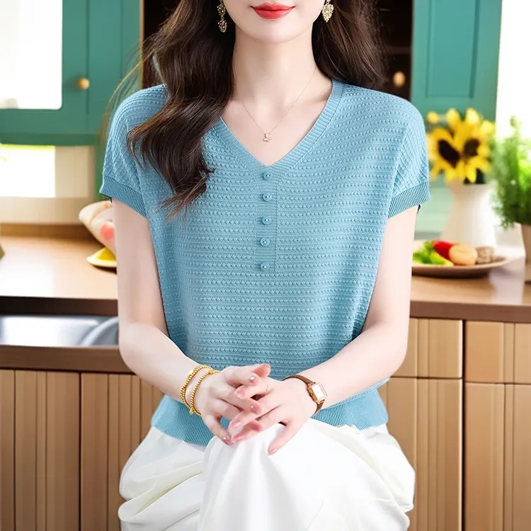 【天丝】洋气v领气质t恤短袖女百搭2025夏季爆款高档独特漂亮小衫