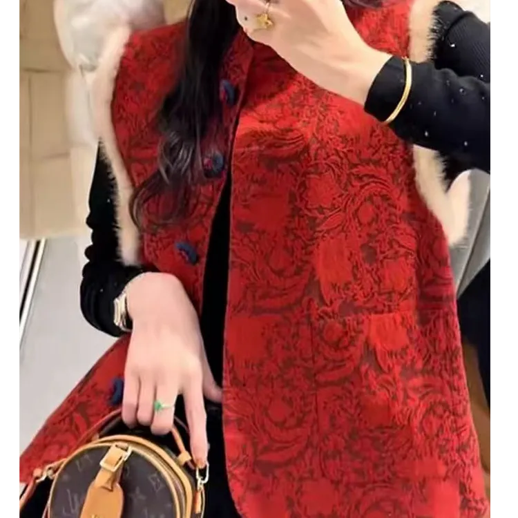 如意~新中式红色国风百搭冬季立领玫瑰花浮雕拼接加棉高定马夹624