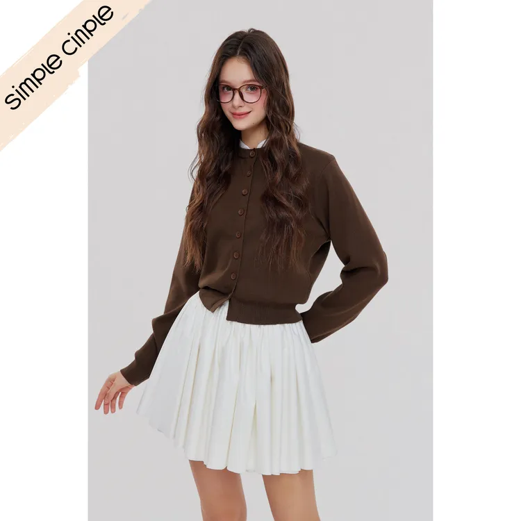 simple cinple｜经典款拼接领长袖毛衣开衫蓬蓬裙套装