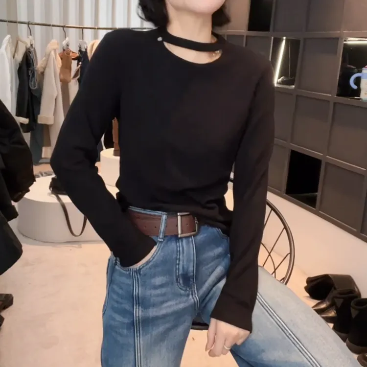 2025秋冬新款磨毛圆领设计感时尚百搭长袖显瘦T恤上衣LK2508191