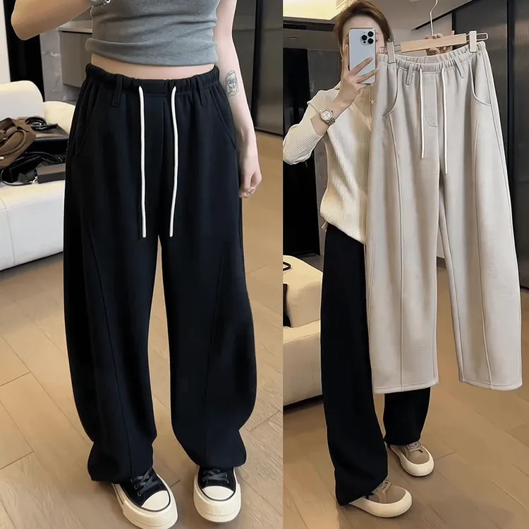 2025冬季加绒大码女装抽绳弯刀阔腿休闲裤胖mm遮肉显瘦香蕉拖地裤