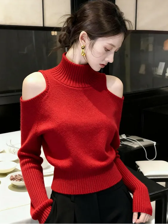 高级感红色露肩高领毛衣女2025秋冬新款超好看时髦洋气针织打底衫