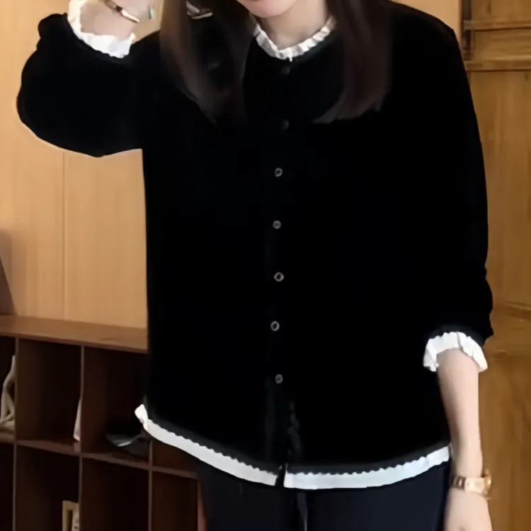 秋季新款穿搭法式高级感木耳边丝绒长袖洋气衬衫大码女装时尚遮肉