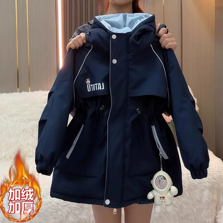 女童夹棉加绒收腰冲锋衣2025新款秋冬连帽卡通棉服二棉外套派克服