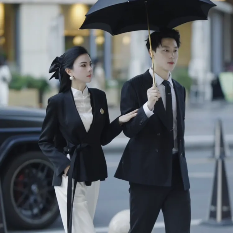 魏元高定/国风黑色包臀鱼尾裙+黑色中式国风绑带西装-0028