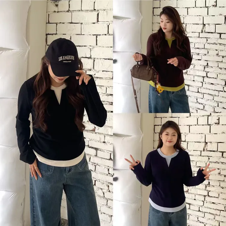 裂渡宣宣【不费力叠穿】假两件百搭上衣女冬修身针织打底衫ZY510V45