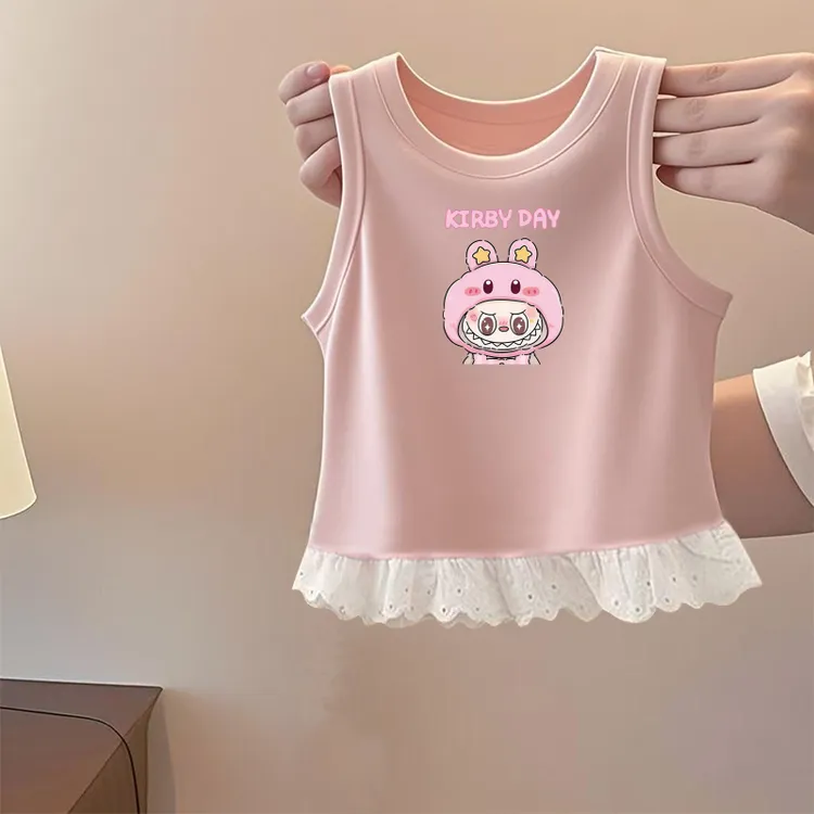 纯棉labubu女童短袖印花T新款夏季洋气花边背心卡通儿童宝宝上衣