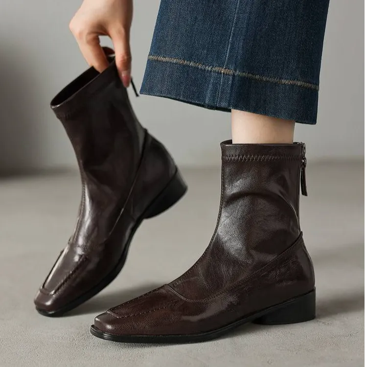 羊皮版~高级感气质弹力瘦瘦靴裸靴子女复古风方头通勤粗跟马丁靴
