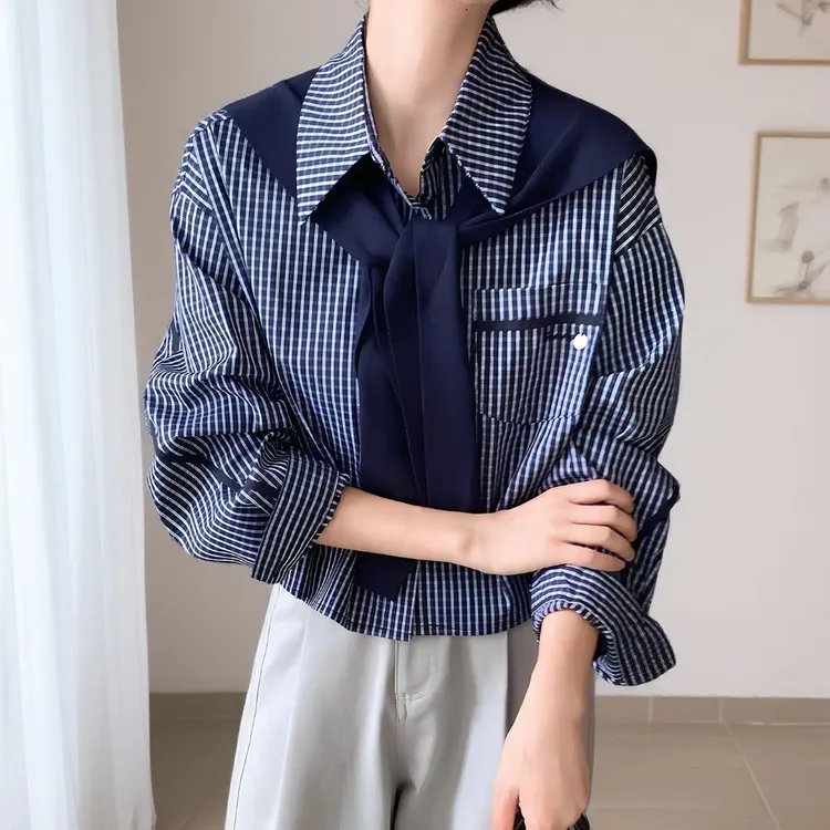 针织披肩格子长袖衬衫女秋季2025新款宽松显瘦减龄慵懒风小衫上衣