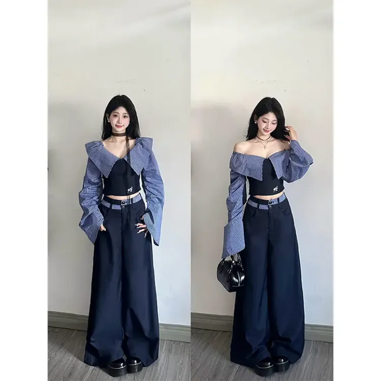 高级感一字肩衬衫女春季条纹拼接学院风修身显瘦上衣宽松休闲裤子