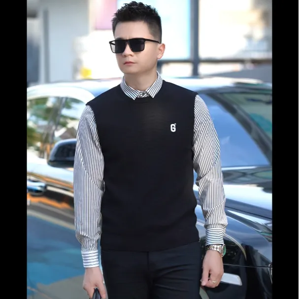 男装 新款时尚潮流假两件衬衫领针织 打底衫长袖男士商务休闲毛衣