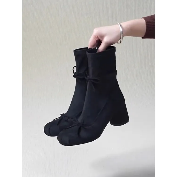 牛皮版~黑色新款少女短靴法式风蝴蝶结圆头侧拉链粗跟弹力瘦瘦靴