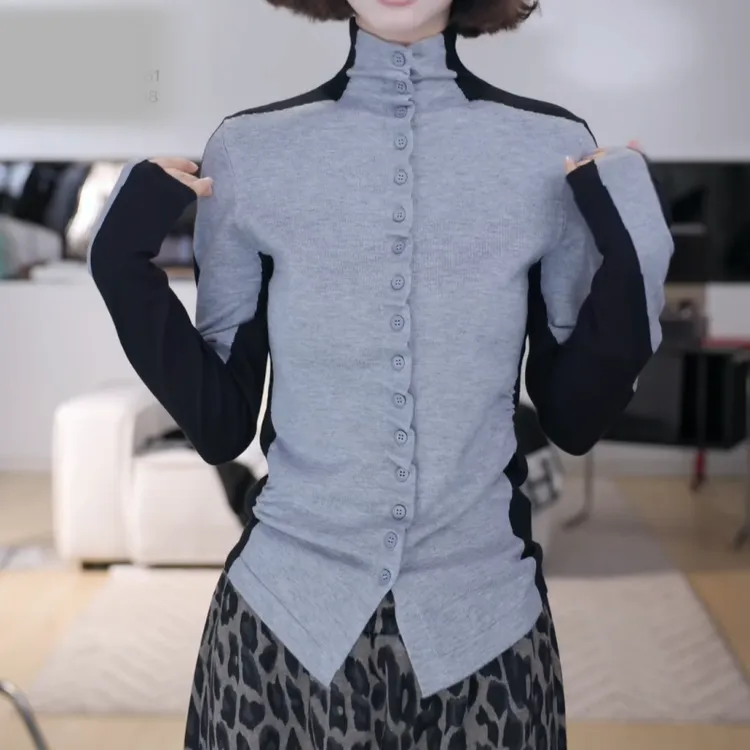 2025秋冬韩系拼色立领针织开衫冬季高领纽扣开衫LK2507899