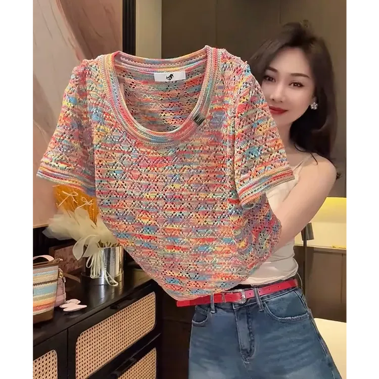 2025夏季新款时尚圆领彩色花线镂空针织衫女宽松T恤短袖上衣