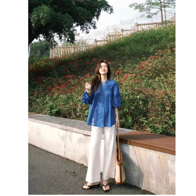 多巴胺克莱因蓝长袖衬衫女夏新款上衣超好看漂亮娃娃衫休闲裤套装