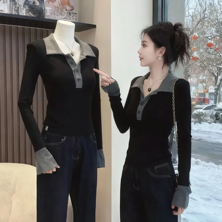 大码微胖MM正肩POLO长袖撞色T恤拼接春季新款修身显瘦运动打底衫