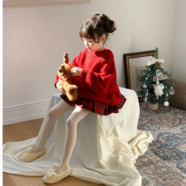 壹妈童装女童韩版秋冬时髦百搭红色针织毛衣新潮洋气红色格子半裙