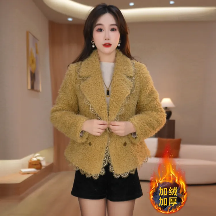 美瑞超好看蕾丝边加绒毛呢外套2025冬季新款女装西装领通勤风上衣