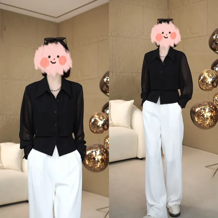 上班族通勤风女装高级感套装黑色长袖衬衫白色阔腿裤两件套夏季
