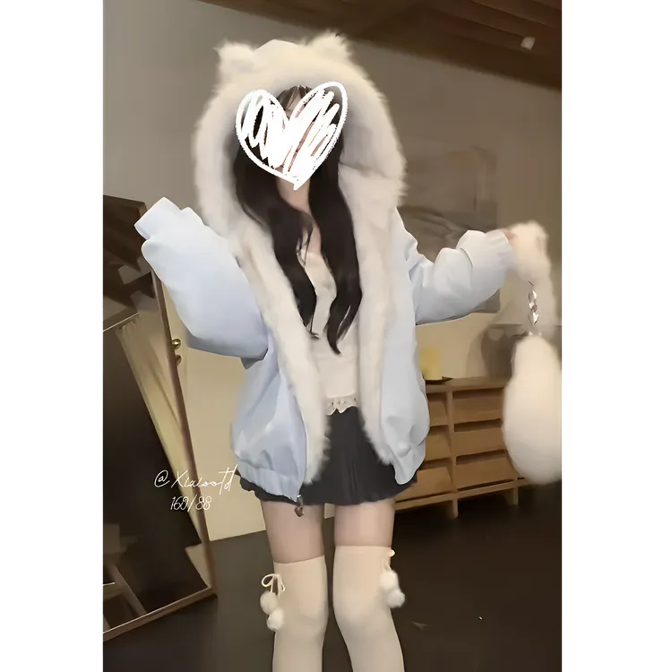 反叛小乖2.0 冬季甜美连帽保暖两穿毛毛外套小众设计可爱保暖外套