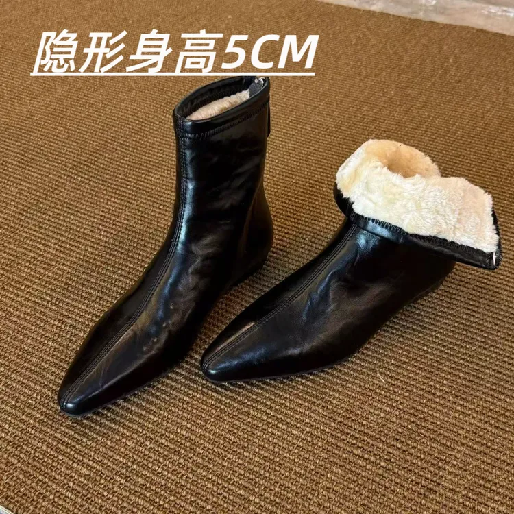 羊皮版~2025新款冬季法式复古风瘦瘦靴粗跟配裙子内增高加绒短靴
