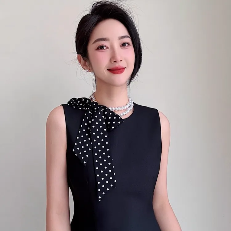 非金属仿珍珠项链 法式串珠长条小丝巾项链女飘带高级感领巾颈链