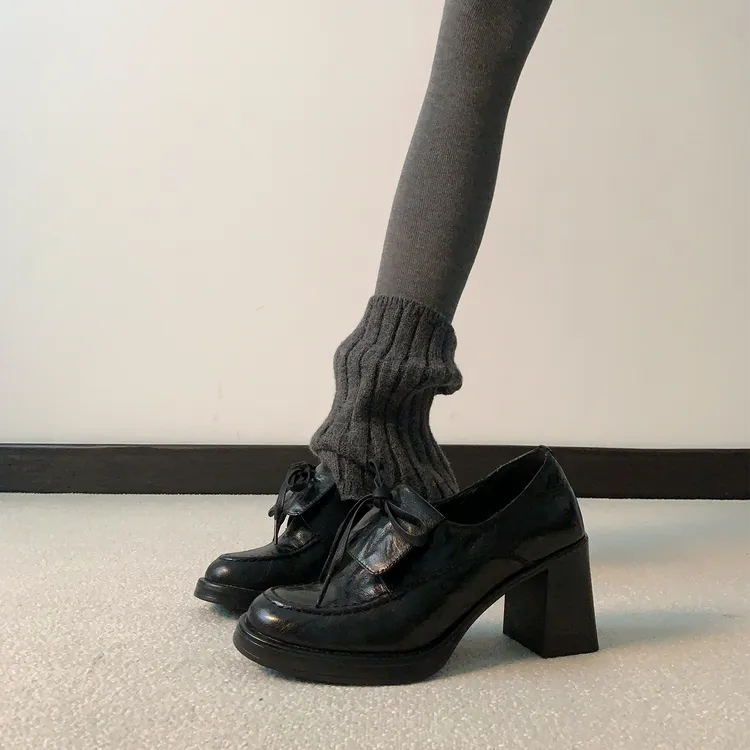 羊皮版~复古粗跟增高8cm单鞋蝴蝶结一脚蹬乐福鞋女英伦百搭小皮鞋