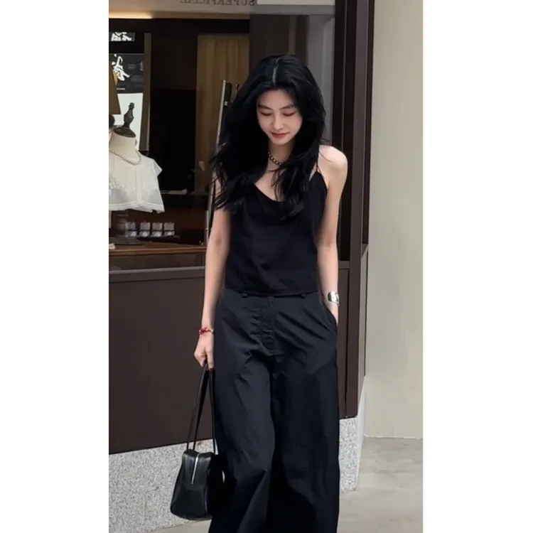 2025夏季新款慵懒松弛感无袖外穿背心上衣搭高腰显瘦阔腿裤套装