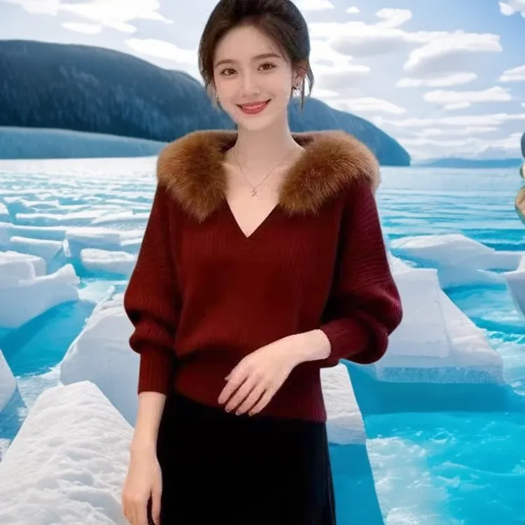 新年圣诞穿搭可拆毛领红色毛衣软糯慵懒风秋冬V领针织衫洋气打底