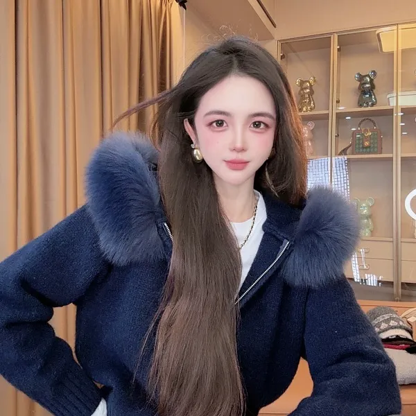 【绒雪环颈】2025新款秋冬狐狸毛领加厚羊毛帽衫外套spk-H5993