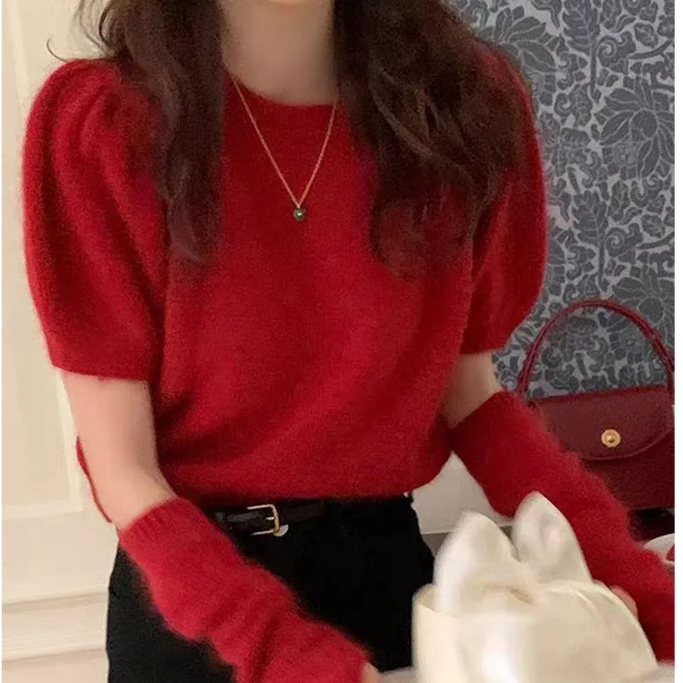 新年红战袍丨美爆了山羊绒衫加厚泡袖短款针织套袖羊毛衫两件套女