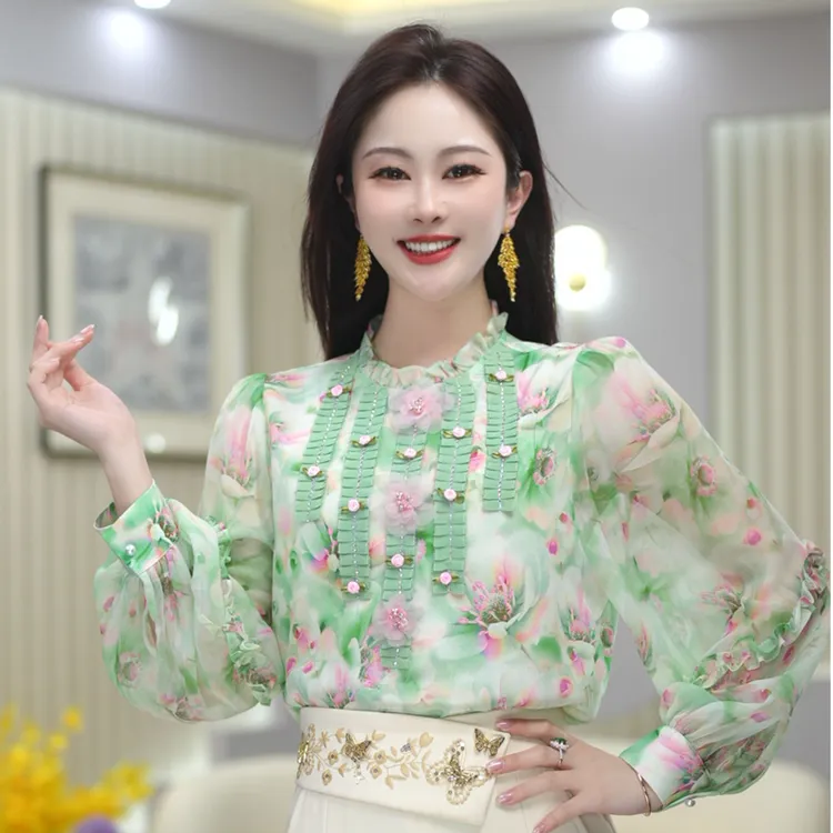 【折枝春山】 春季新款高档轻奢显气质碎花长袖衬衫百搭上衣 DY5583