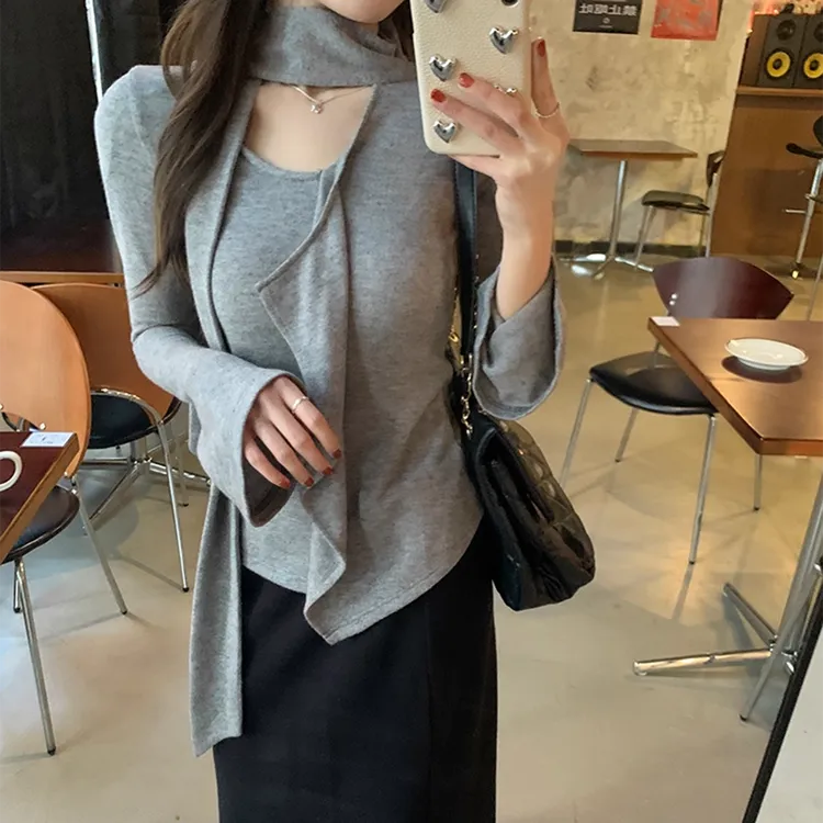 法式荷叶边挂脖飘带长袖T恤女秋季不规则设计感修身纯欲打底上衣