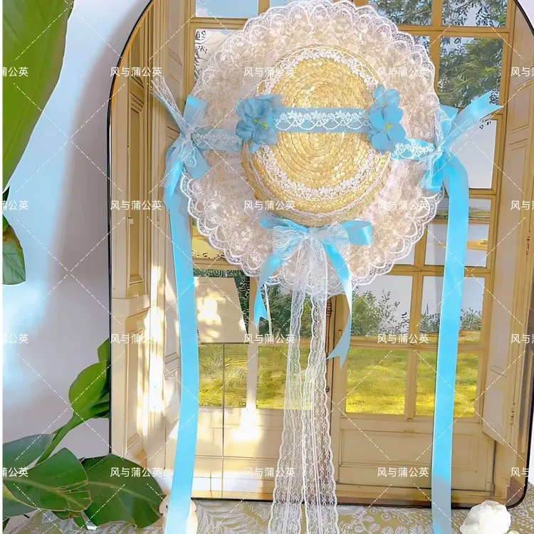 原创洛丽塔蓝羽冠冕草帽法式蕾丝蝴蝶结花朵平顶帽子蒲公英宫廷风