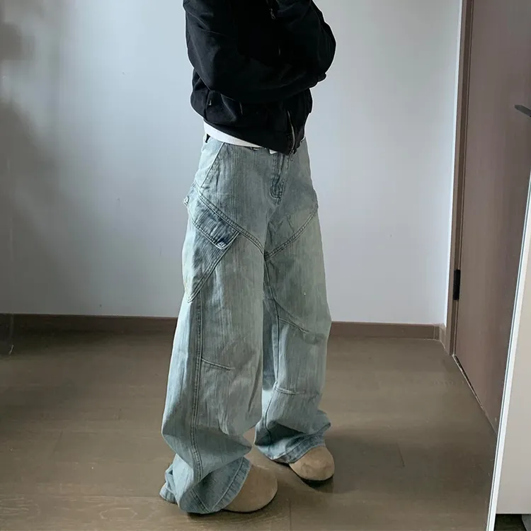 美式复古设计感小众牛仔裤女2025秋季高腰遮胯垂感高个子阔腿裤子