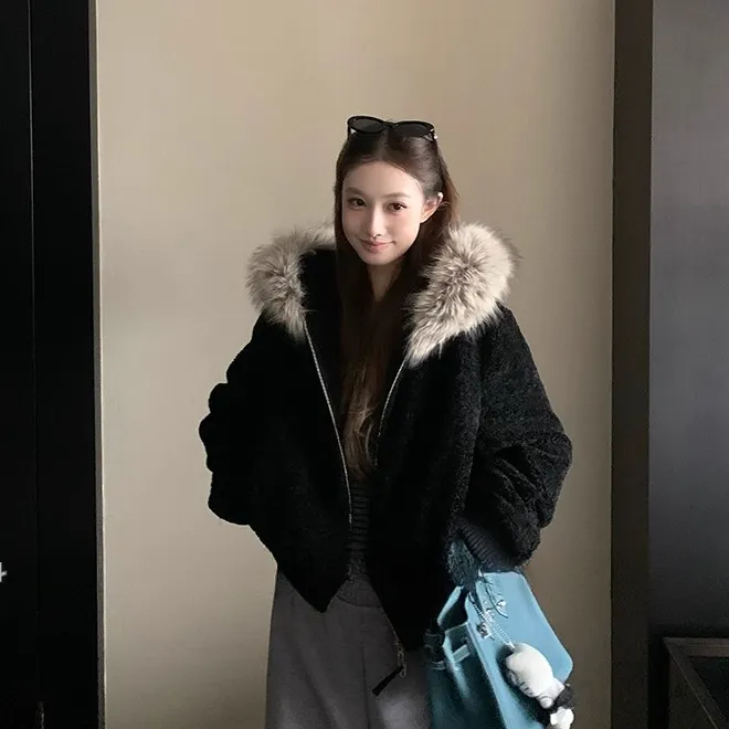 雅鹿毛领外套女短款加厚冬季2025新款潮流洋气高级小个子毛绒上衣