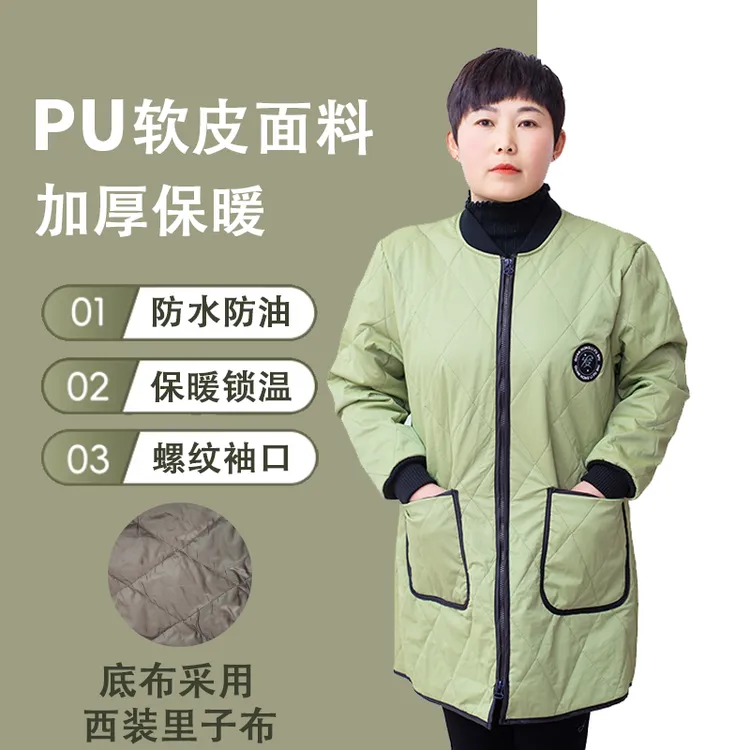 罗纹领夹层棉皮罩衣保暖长款加厚pu软皮冬季可套衣服不起球防油